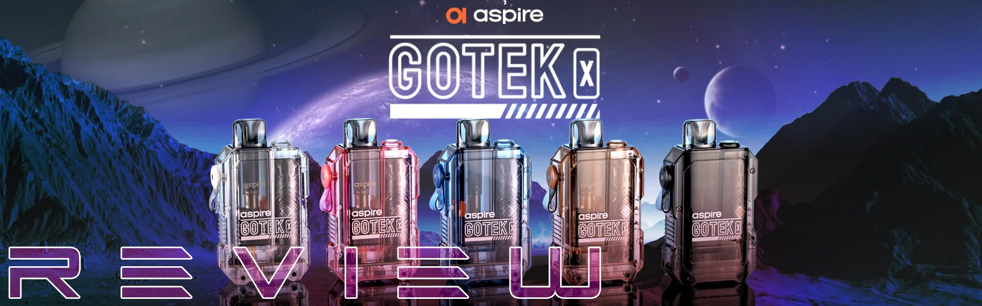 5 Aspire Gotek X vape kits in various colours.