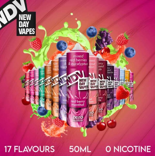 New Day Vape 50ml E-liquids All Flavours on Pink Background