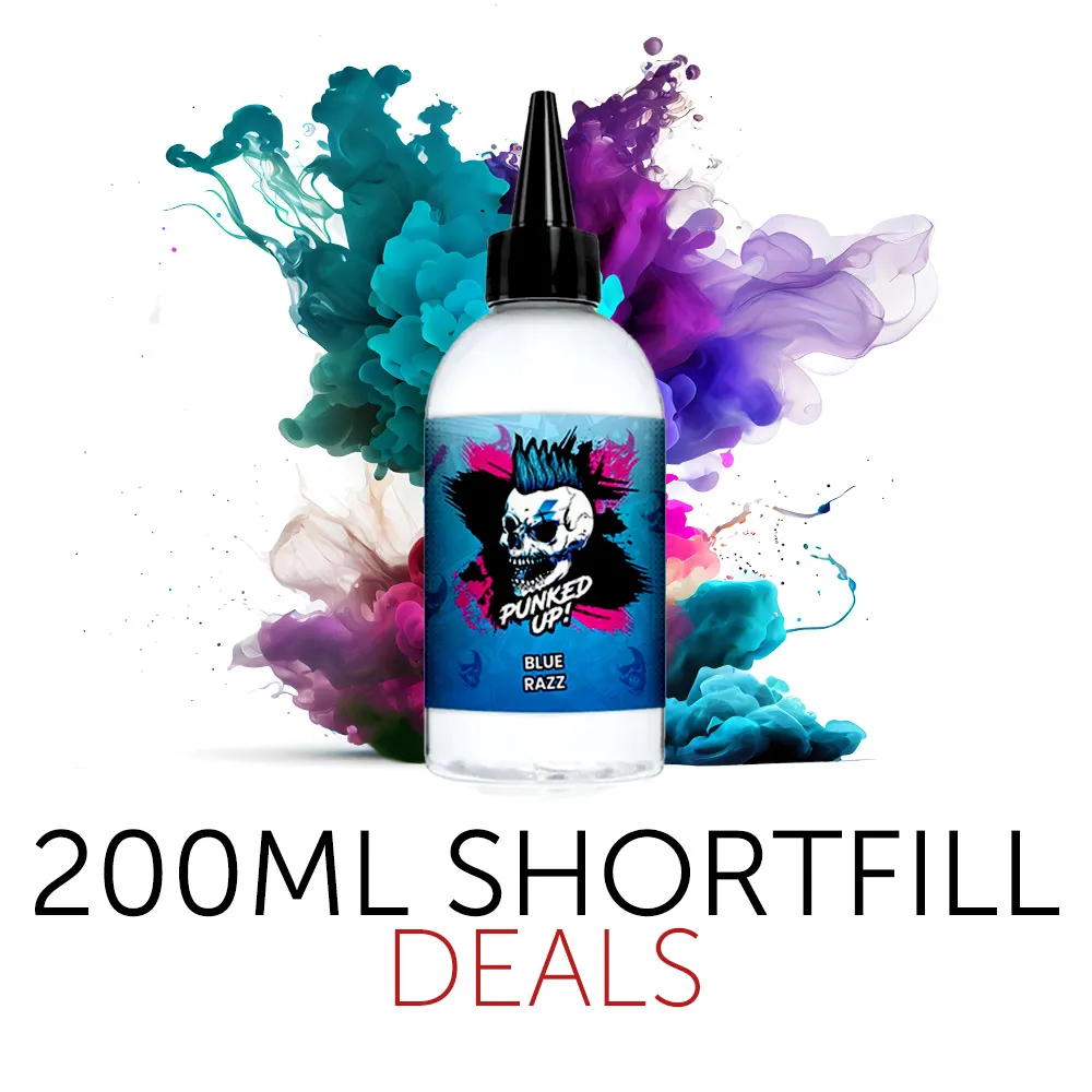 A bottle of Punked Up E-liquid surrounded by smoke to highlight 200ml shortfill e-liquid deals