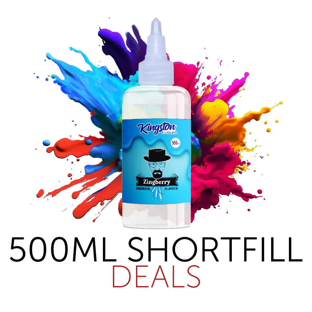 A 500ml bottle of Kingston E-liquid with a vapour in the background highlighting 500ml shortfill e-liquid deals