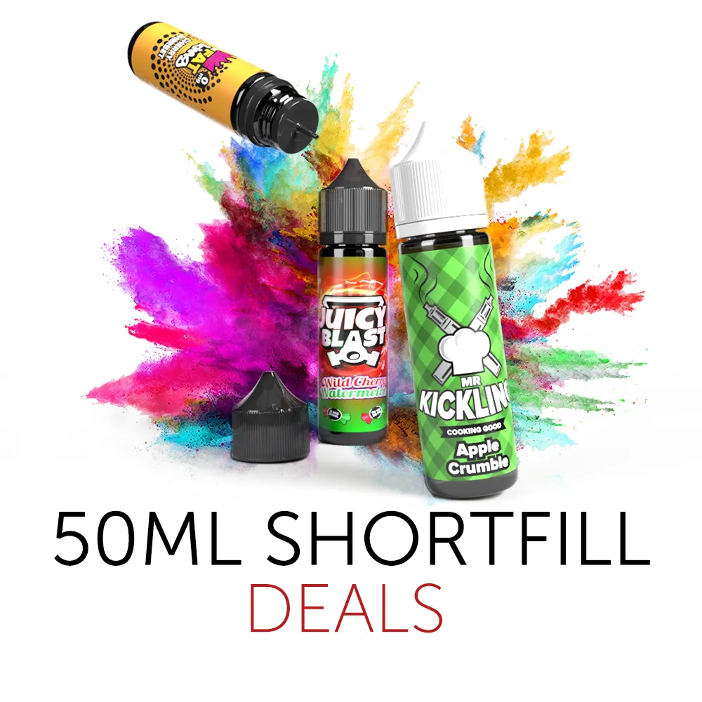 Three bottles of e-juice highlighting 50ml shortfill e-liquid deals