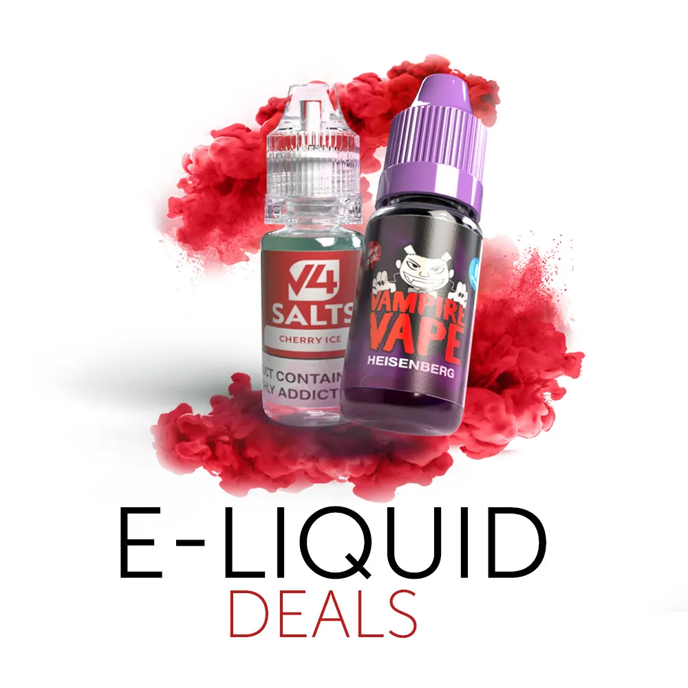 Two bottles of e-liquid surrounded by red vapour to highlight 10ml e-liquid deals