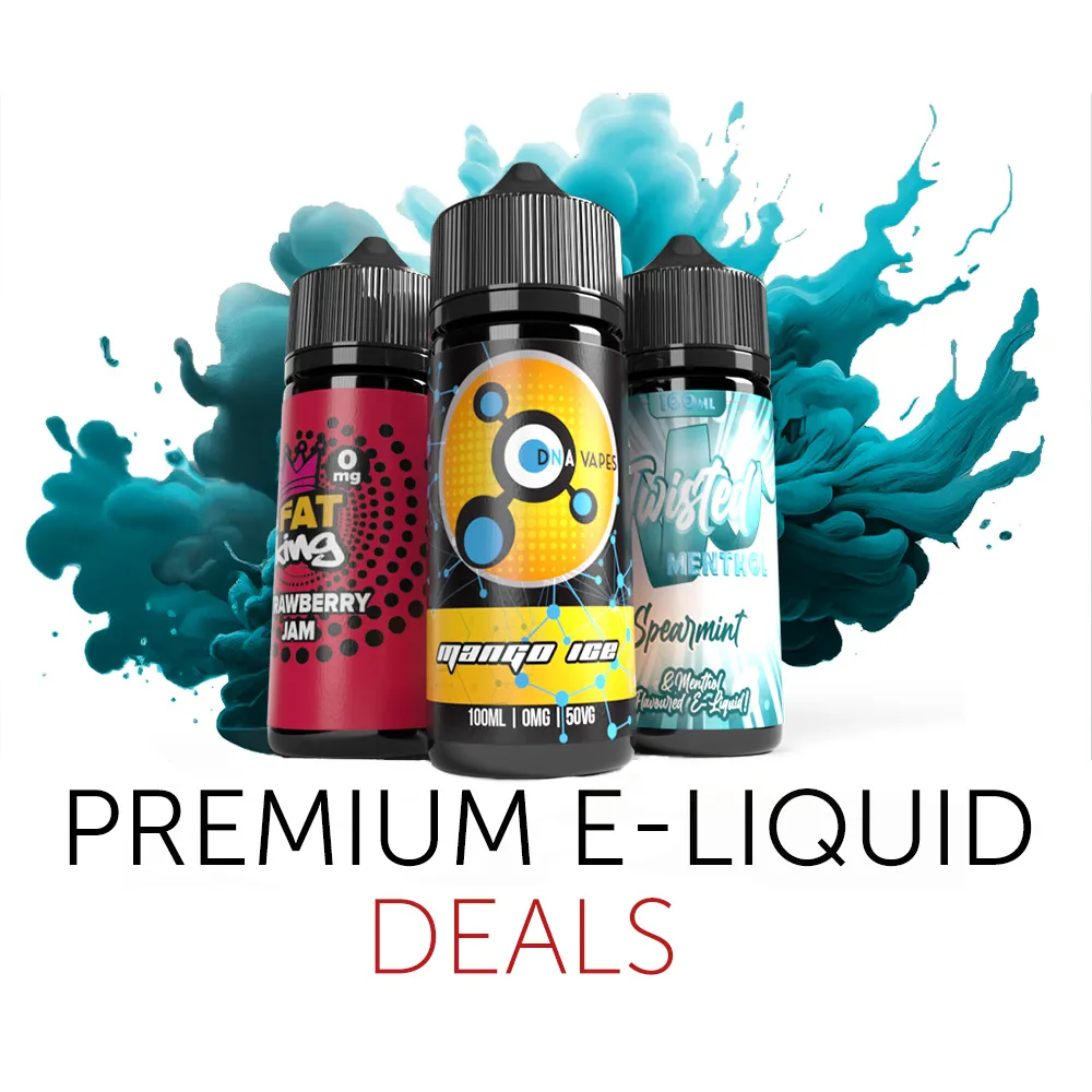 Three bottles of E-Liquid surrounded by a vape cloud to highlight premium e-liquid deals