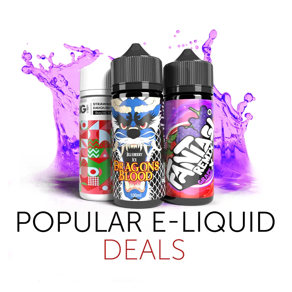 three bottles of e-liquid with juice splashing in the background detailing popular e-liquid deals.