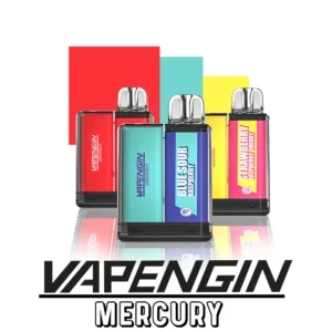 3 Vapengin Mercury Disposable Vapes in front of red, turquoise and yellow squares. The text in the image says Vapengin Mercury
