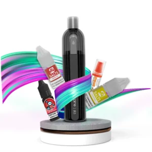 Vape Kit on a podium surrounded by e-liquids to promote vape deals