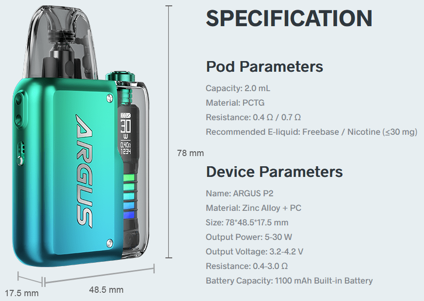 VooPoo Argus P2 Pod Vape Kit Specifications