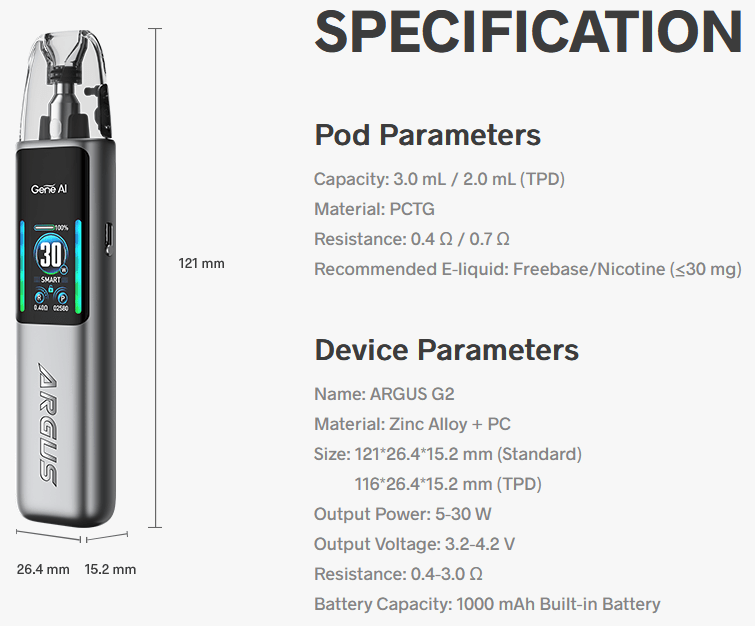 VooPoo G2 Pod Vape Kit Specifications