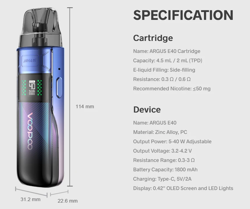 VooPoo Argus E40 Pod Vape Kit Specifications