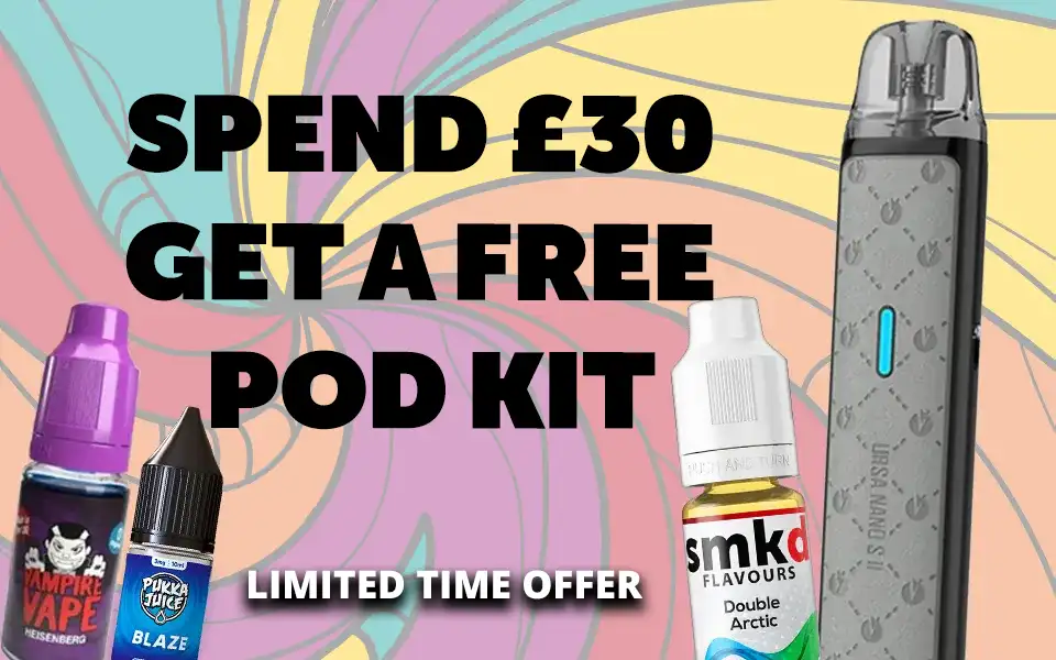 Spend £30 on 10ml vape liquids and get a free pod kit.